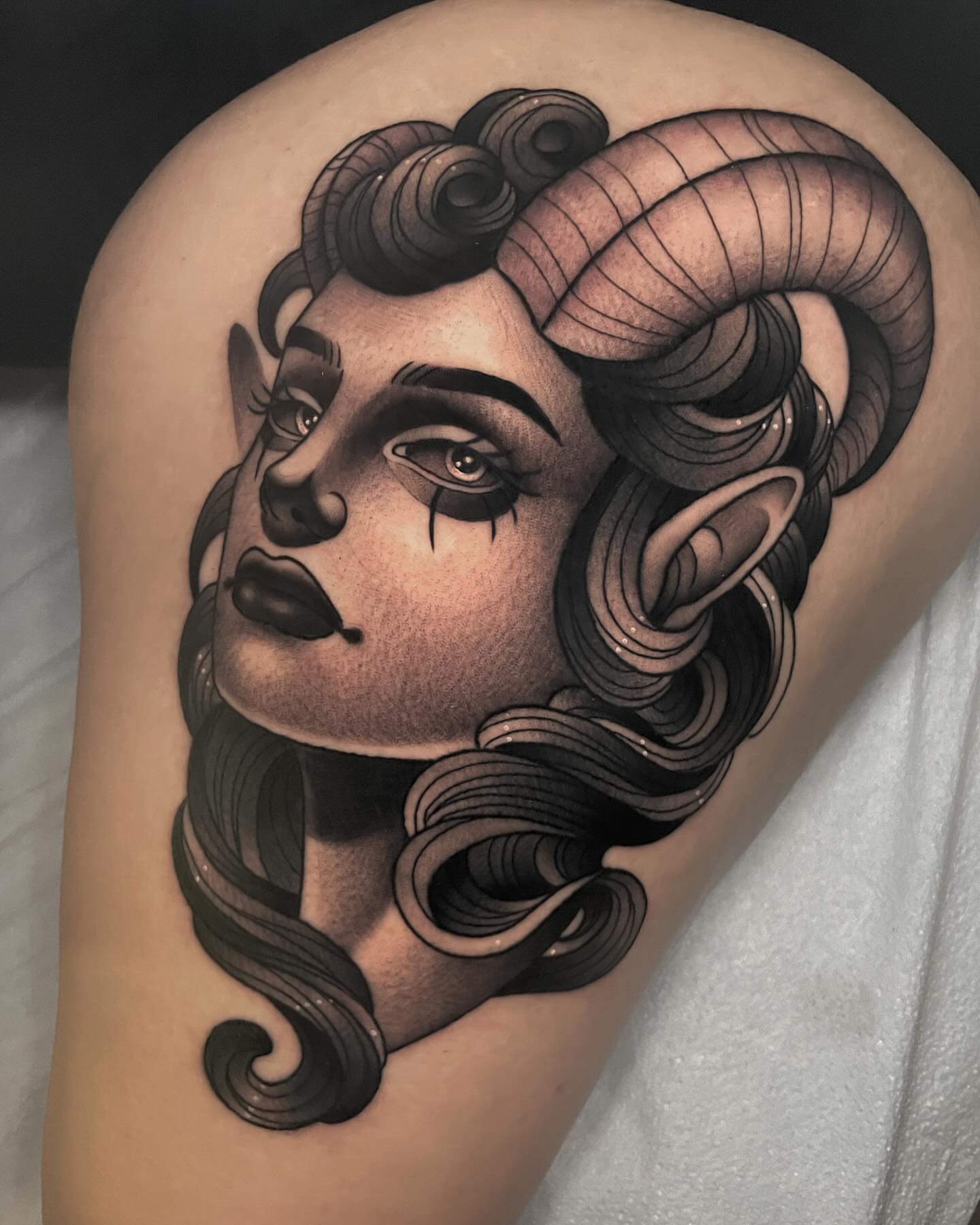 Ram-headed woman American traditional tattoo on the shoulder by Amy Jean, Minneapolis, Minnesota