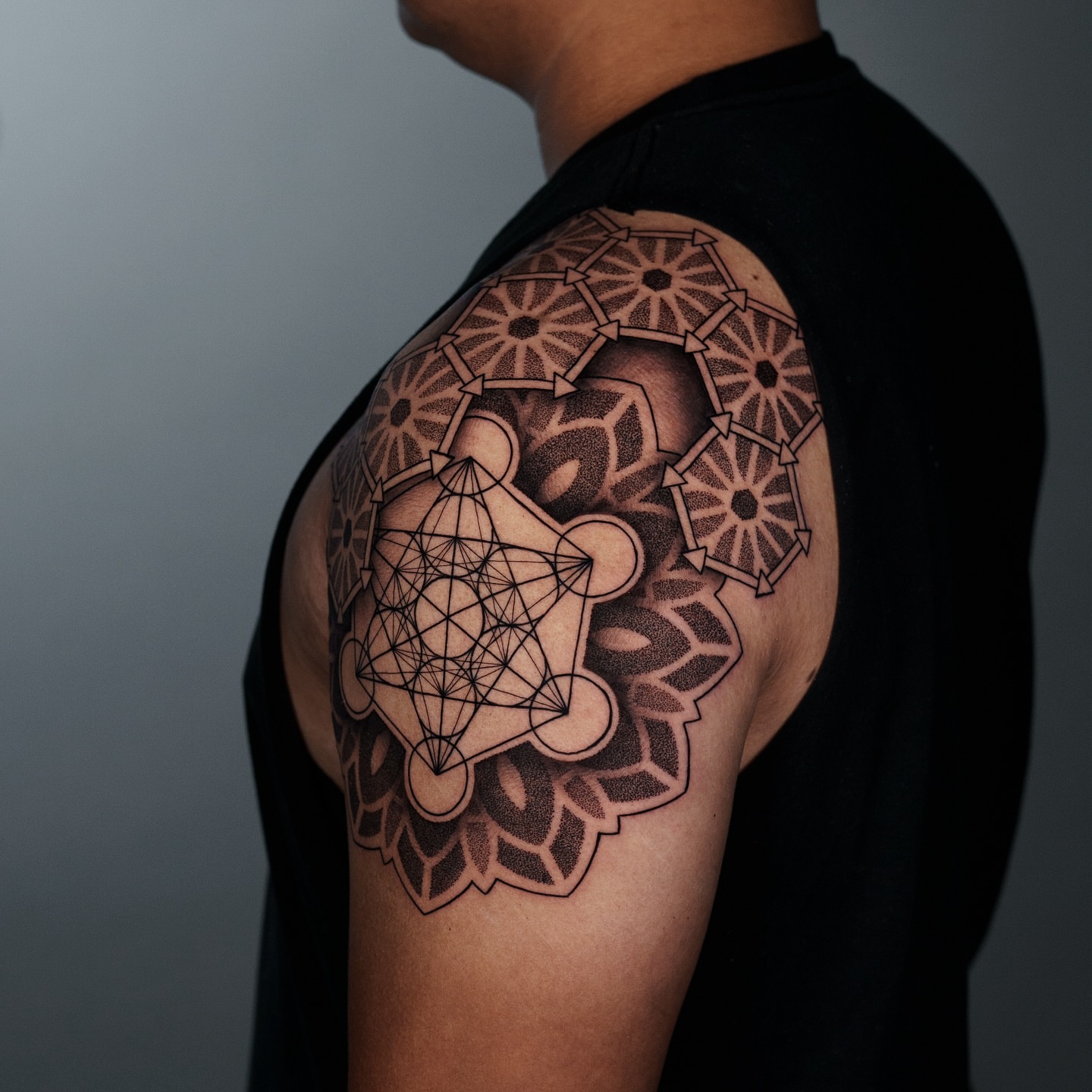 Tattoo by @jasoncalltattooer — geometric, black_and_grey