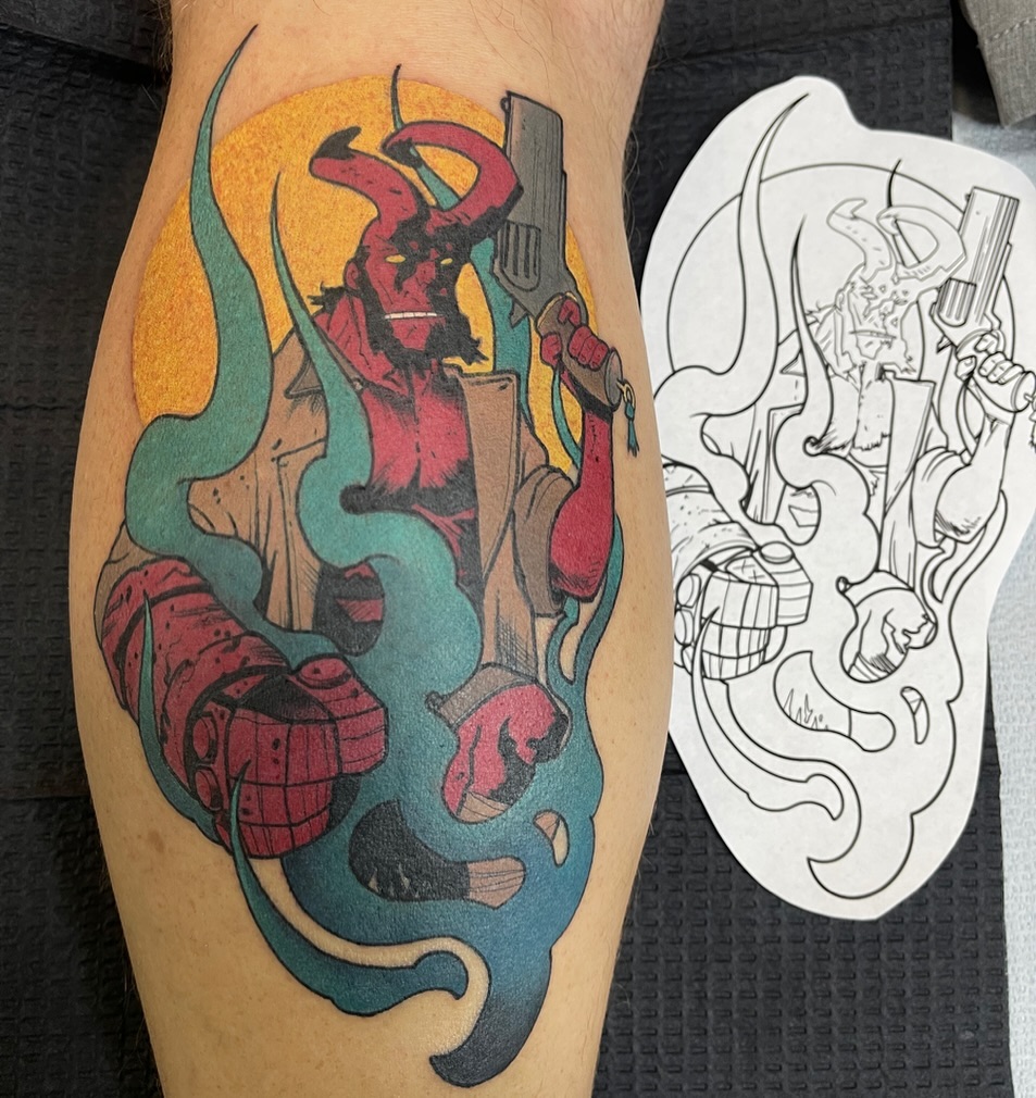 Hellboy neo-traditional tattoo on the forearm by Chris Sparks, I just go by Sparks.