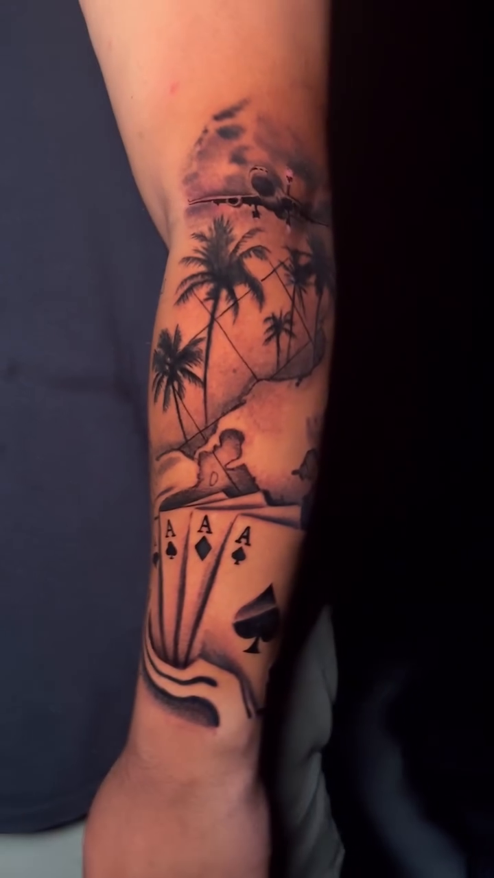 Tropical scene with playing cards realism tattoo by J.diaz🎖️