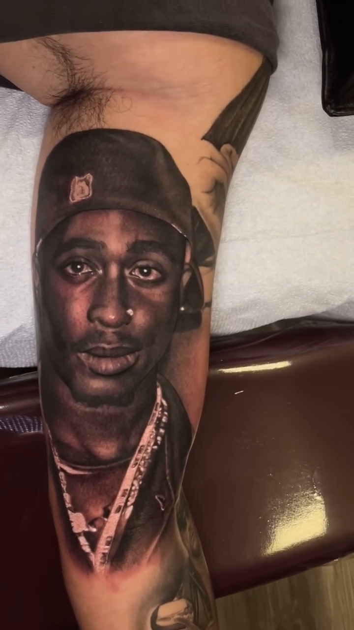 Tupac Shakur portrait realism tattoo by Richie Moreno lll