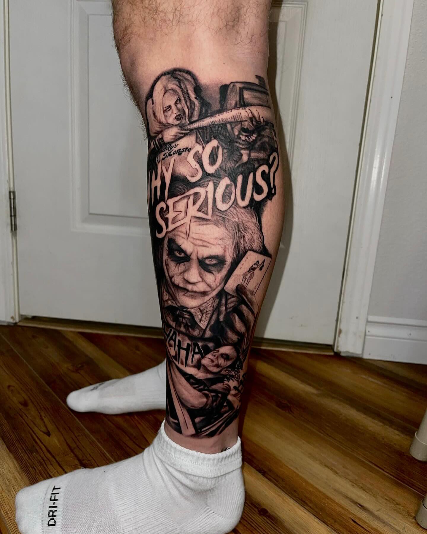 Joker realism tattoo on the calf by Ian Chancellor, Leighton Buzzard, England