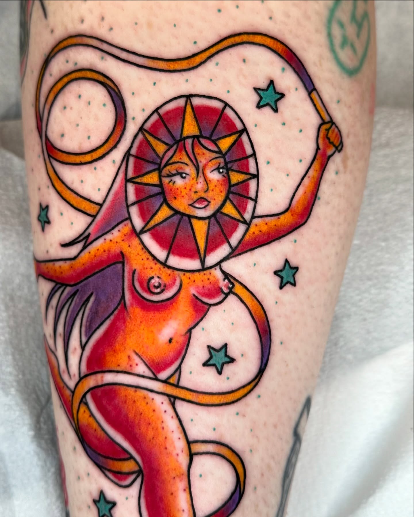 Sun goddess American traditional tattoo on the forearm by Savy Rasor, Austin, Texas