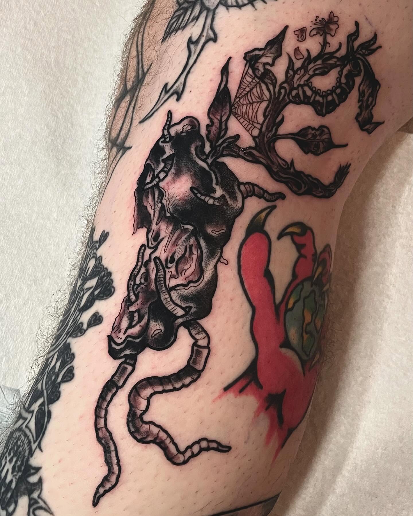 Demon with tentacles neo-traditional tattoo on the forearm by G. Clover ⚧︎, Chicago, Illinois