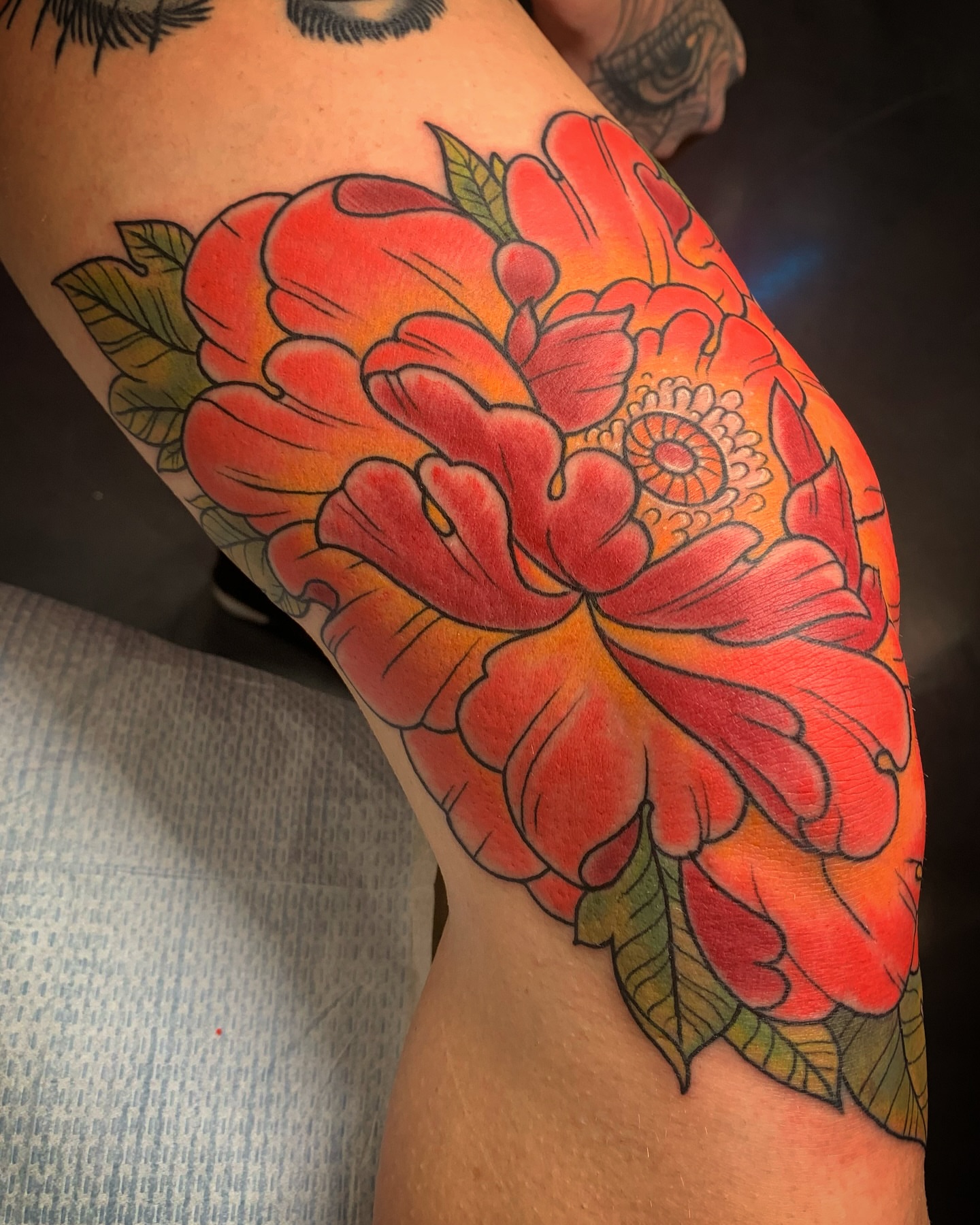 Peony American traditional tattoo on the thigh by ✞ Keath Supsic ✞