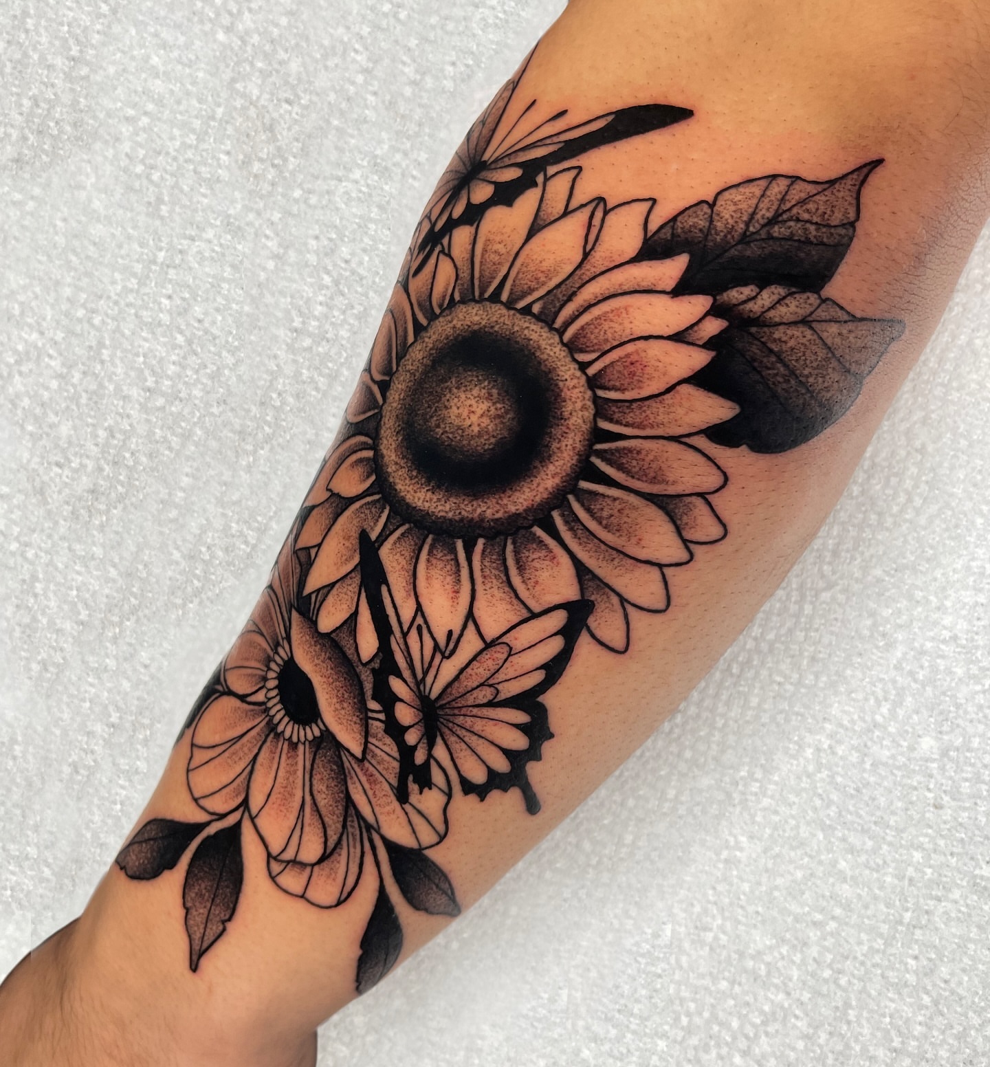 Sunflower black and grey tattoo on the forearm by Anastasia Vives
