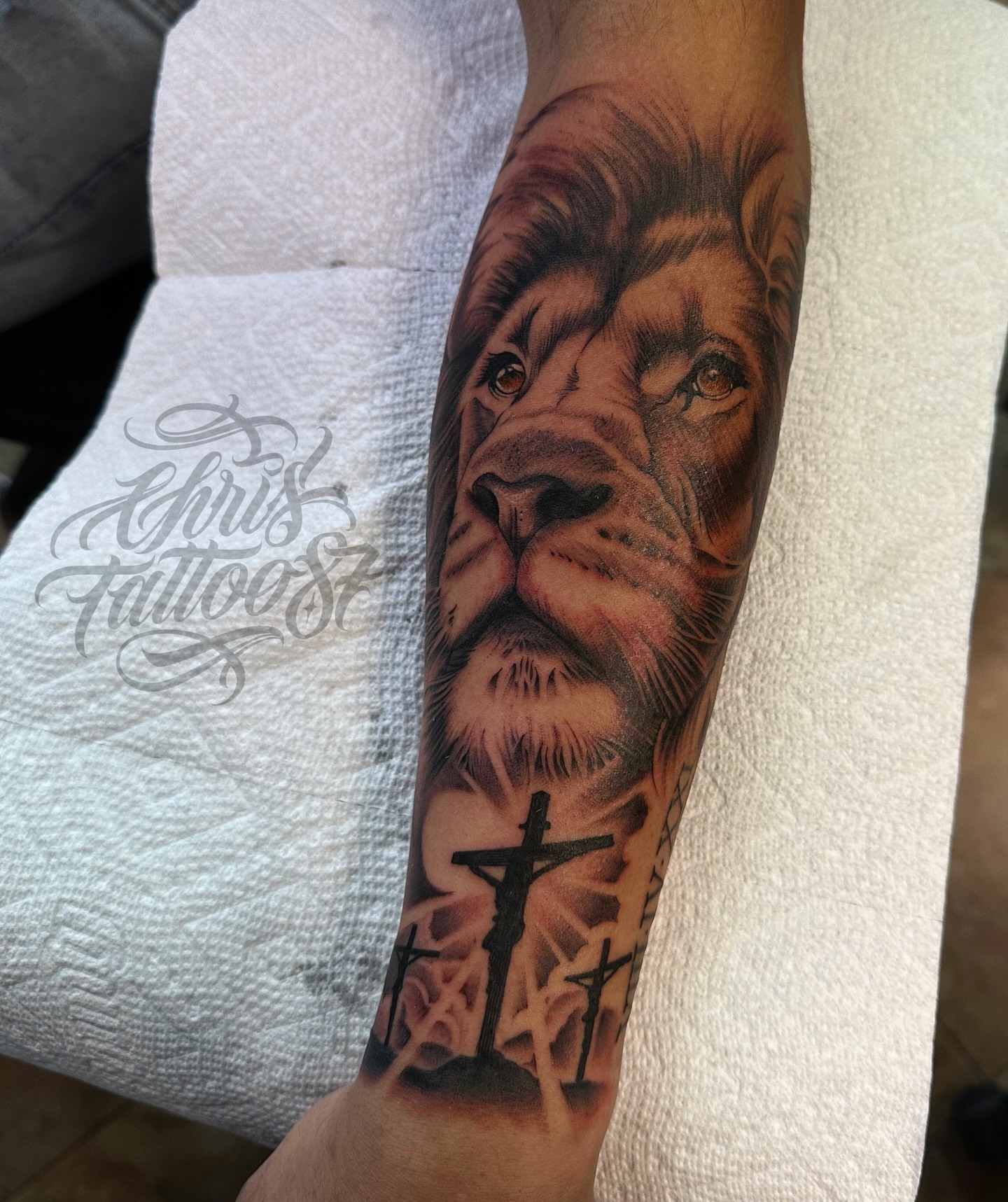 Lion realism tattoo on the forearm by chris tattoo