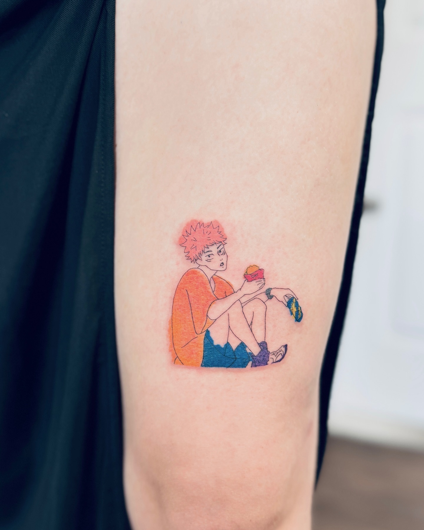 Boy eating anime tattoo on the forearm by Leo