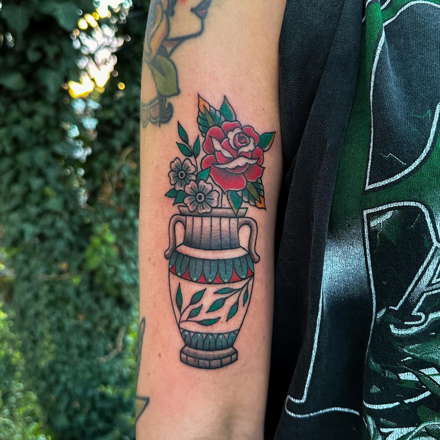 Flower vase American traditional tattoo on the forearm by Gabby Tolley🌛