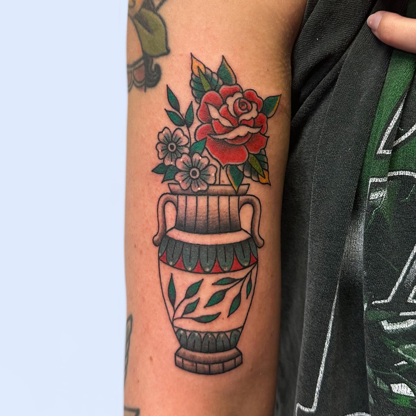 Flower vase American traditional tattoo on the forearm by Gabby Tolley🌛