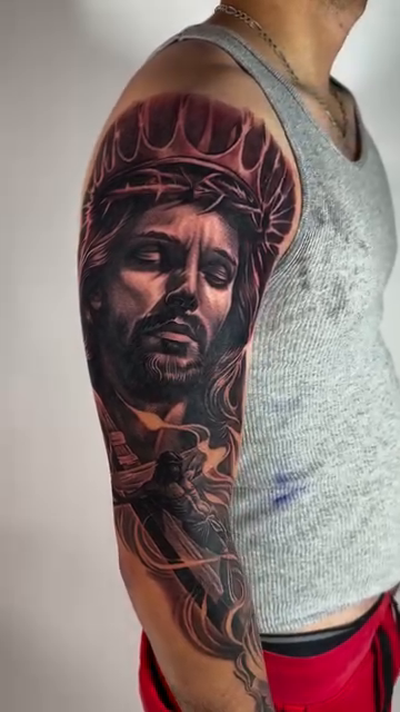Jesus Christ portrait realism tattoo by Andrew Wine🍷Tattoo