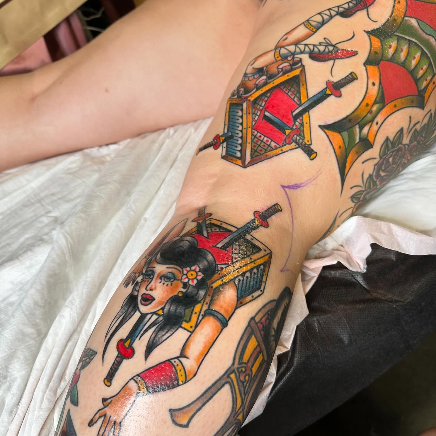 Japanese geisha with swords American traditional tattoo on the forearm by Jenni Hand - Tattoo, Maryville, Tennessee