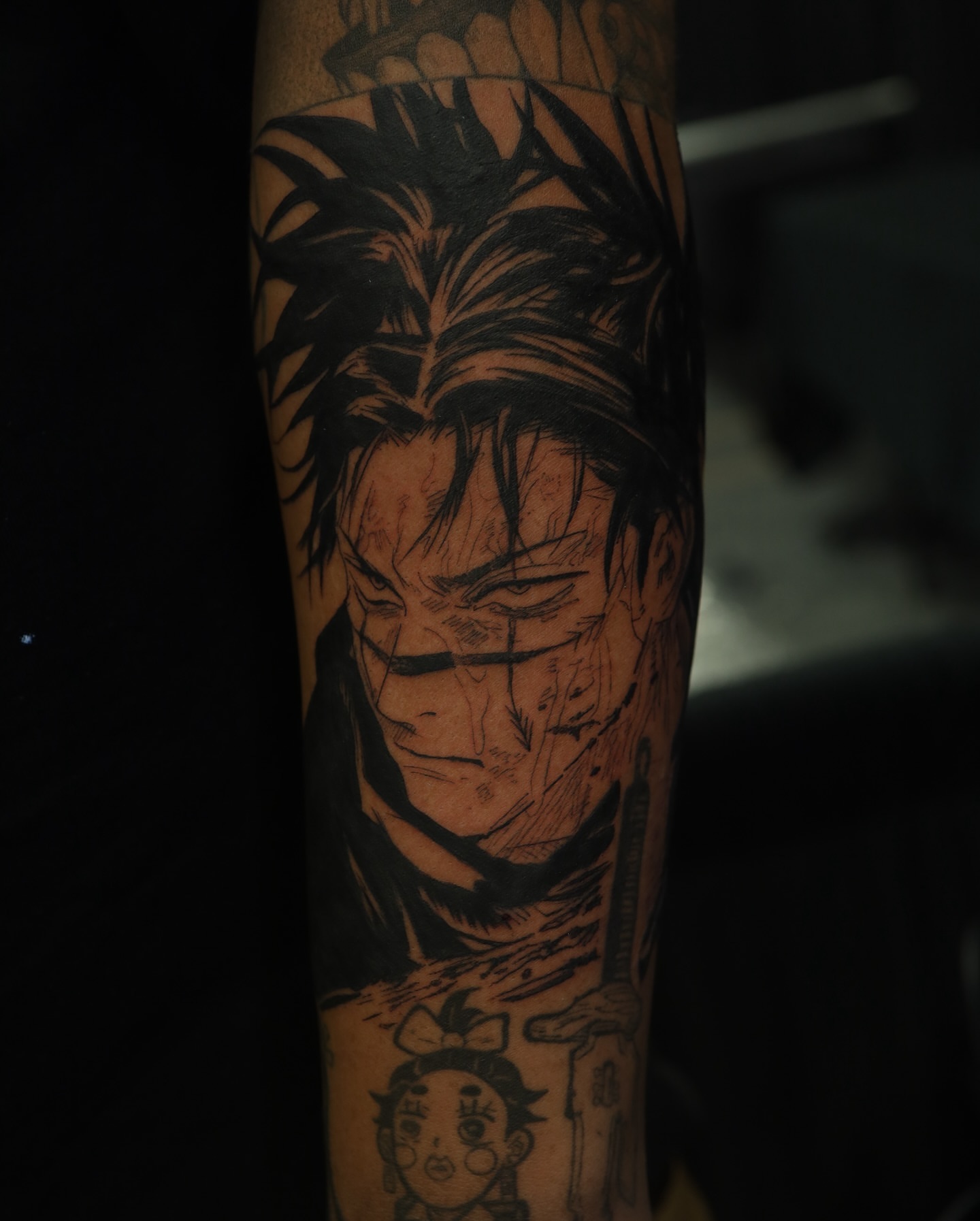 Anime character anime tattoo on the forearm by Dana, Phoenix, Arizona
