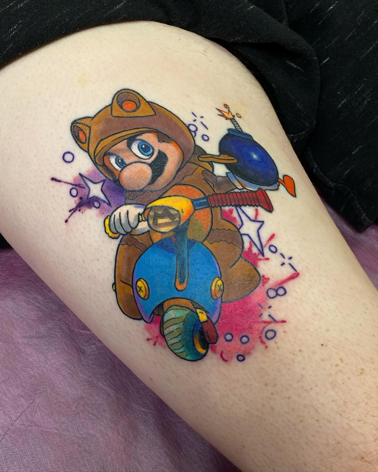Mario new school tattoo on the thigh by @kaitlin.tattoos, Richmond, Virginia