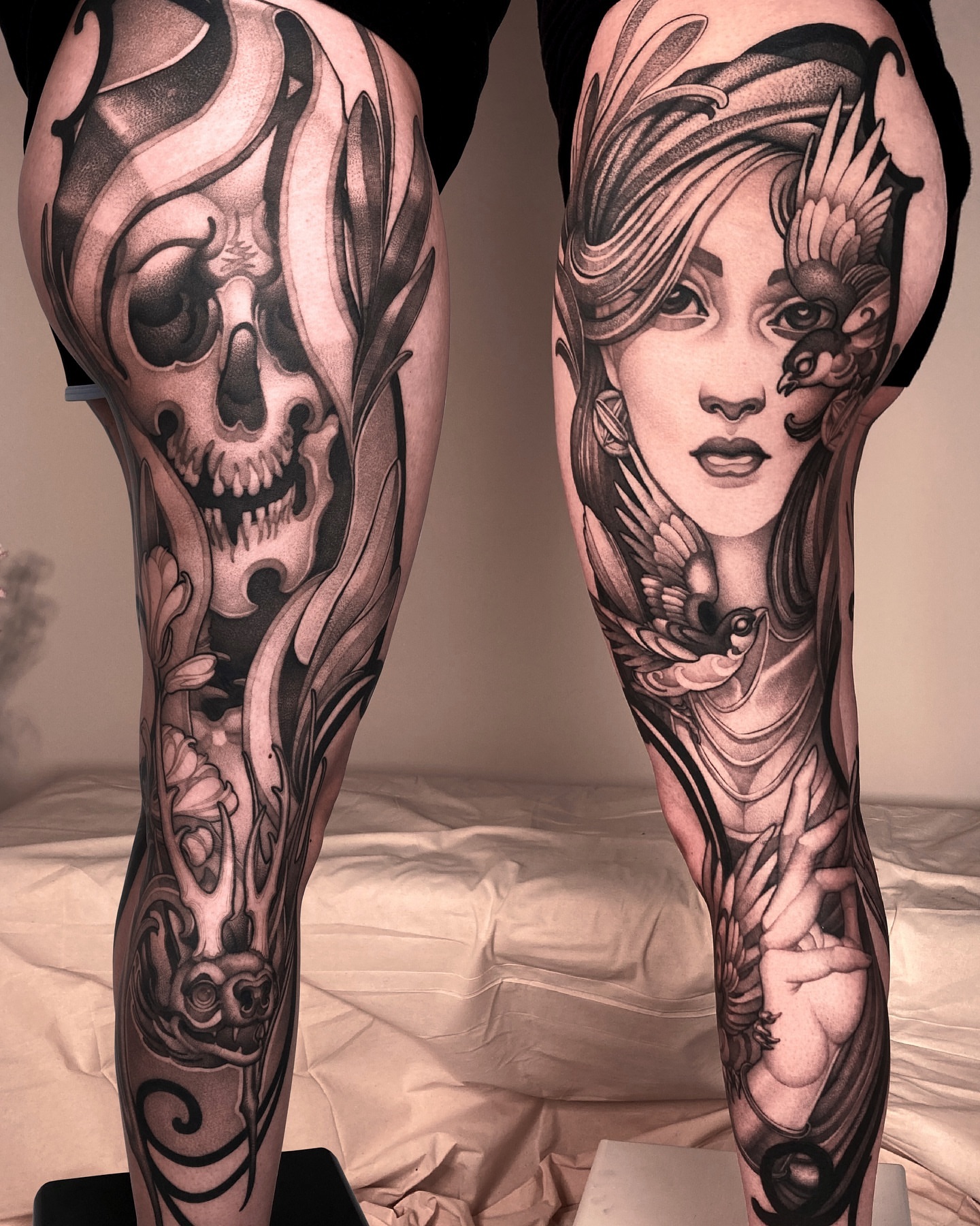 Skull and woman realism tattoo on the forearm by Tattoo artist in Charlotte,NC