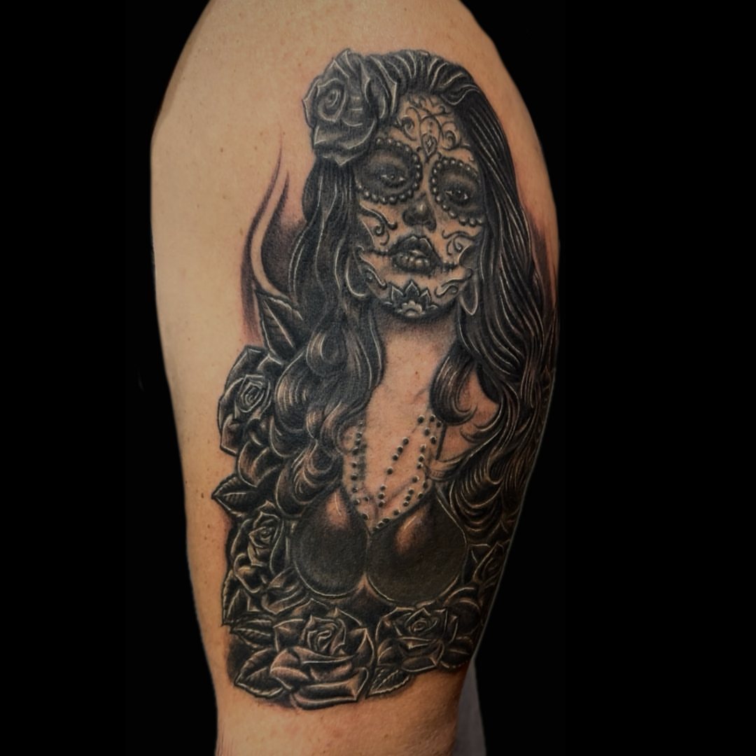 Sugar skull woman realism tattoo on the forearm by las vegas tattoo artist