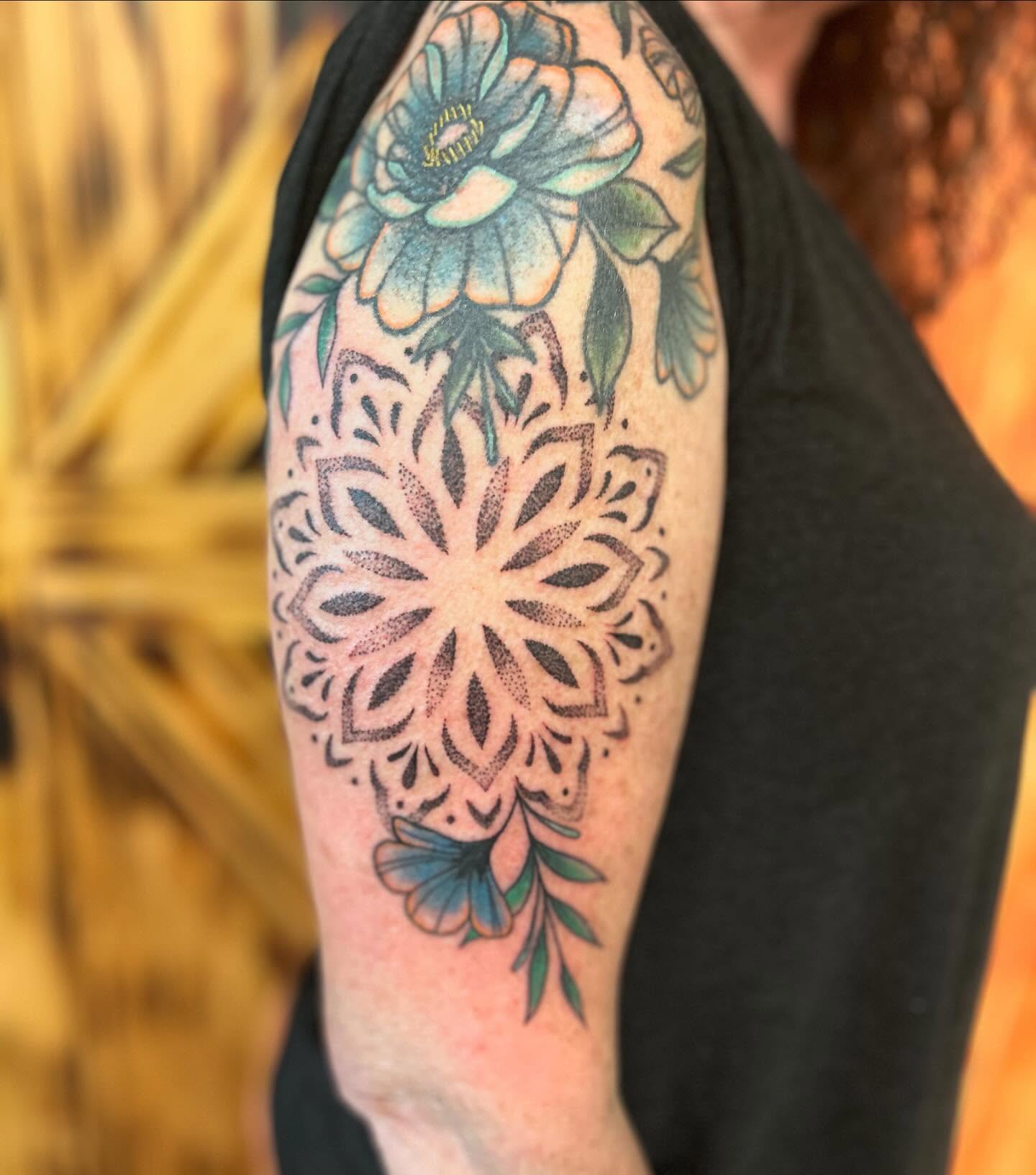 Floral mandala dotwork tattoo on the forearm by ππππππ ππππππ