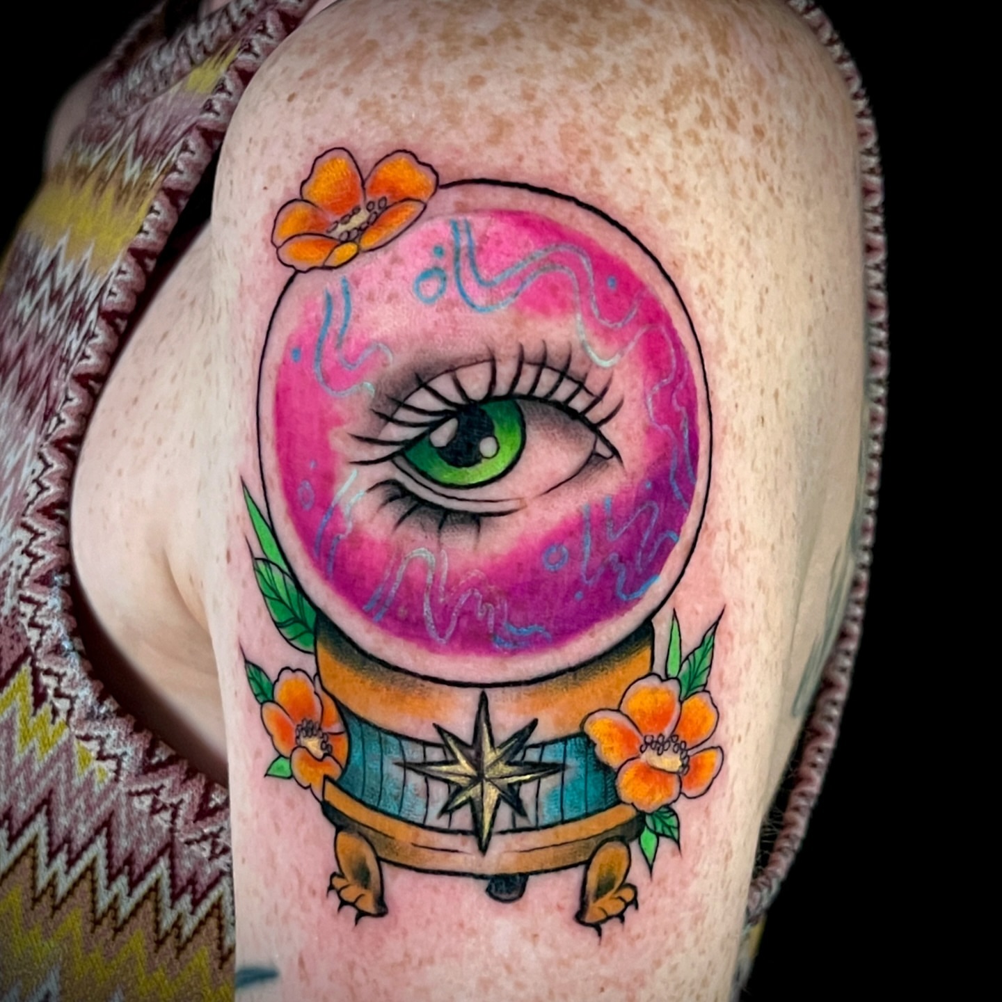 Eye with floral elements American traditional tattoo on the forearm by Tattoo & Body Artist, Gastonia, North Carolina