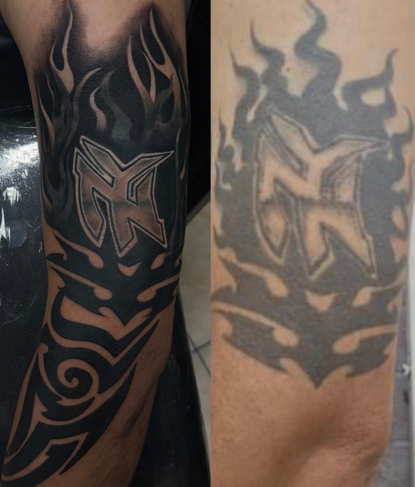 Flame and shield tribal tattoo on the forearm by Tattoo Artist