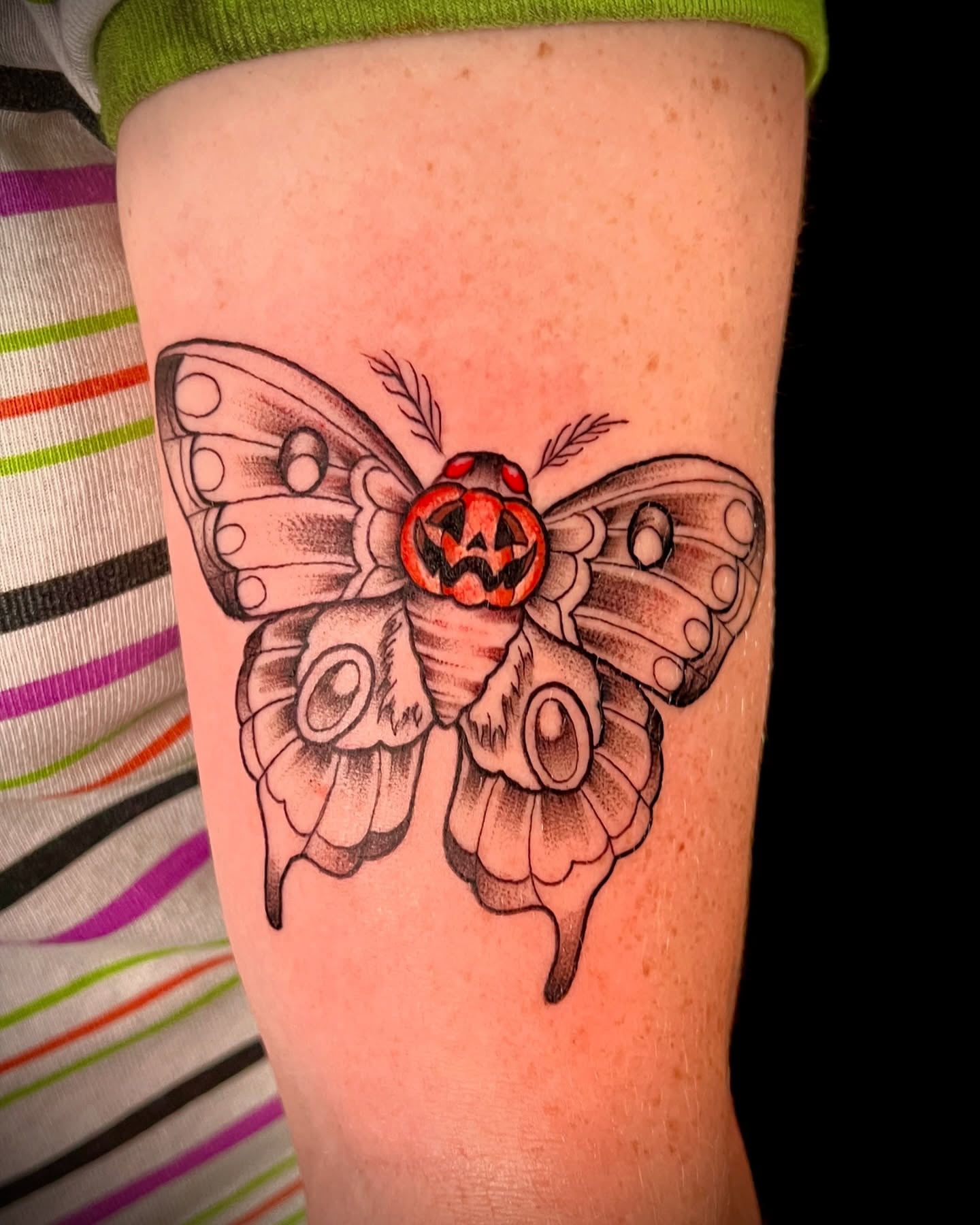 Pumpkin moth dotwork tattoo on the forearm by Tattoo & Body Artist, Gastonia, North Carolina
