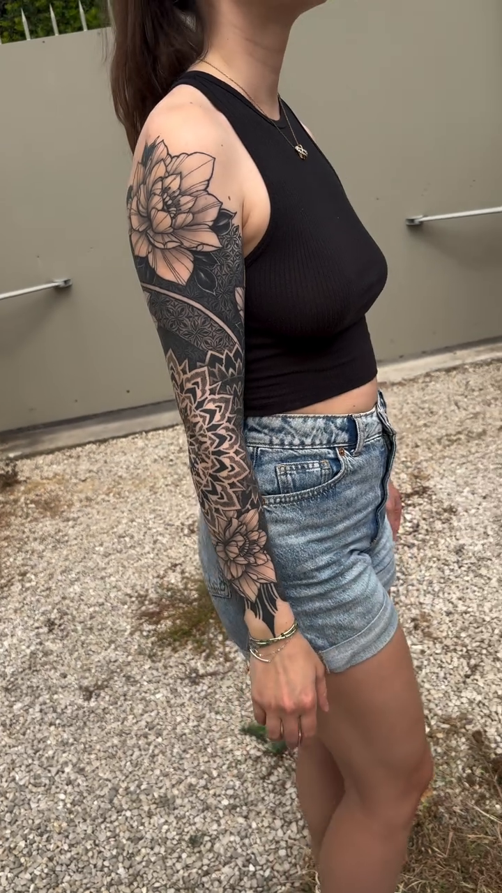Peony and geometric patterns japanese irezumi tattoo by Laure Conzales