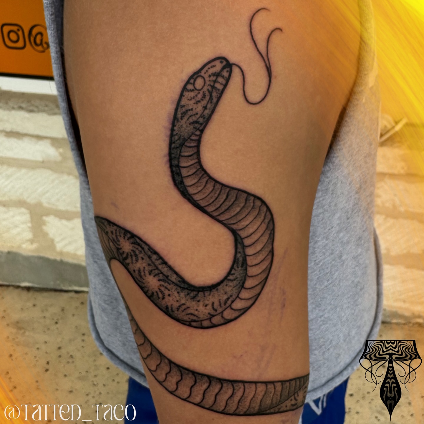 Snake black and grey tattoo on the forearm by Ray Arce๐