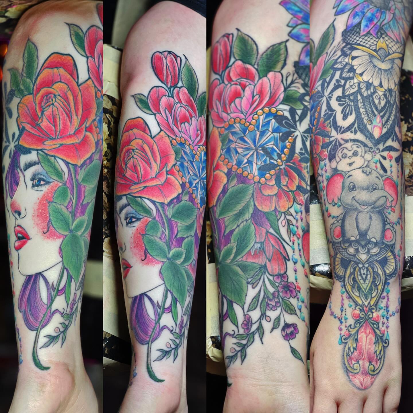 Floral portrait new school tattoo on the forearm by Jamie Jane Voryer