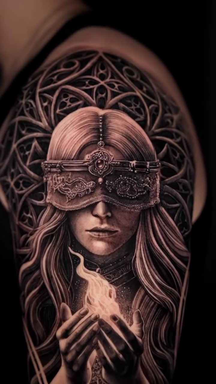 Blindfolded woman holding fire dark realism tattoo by Steven tattoo