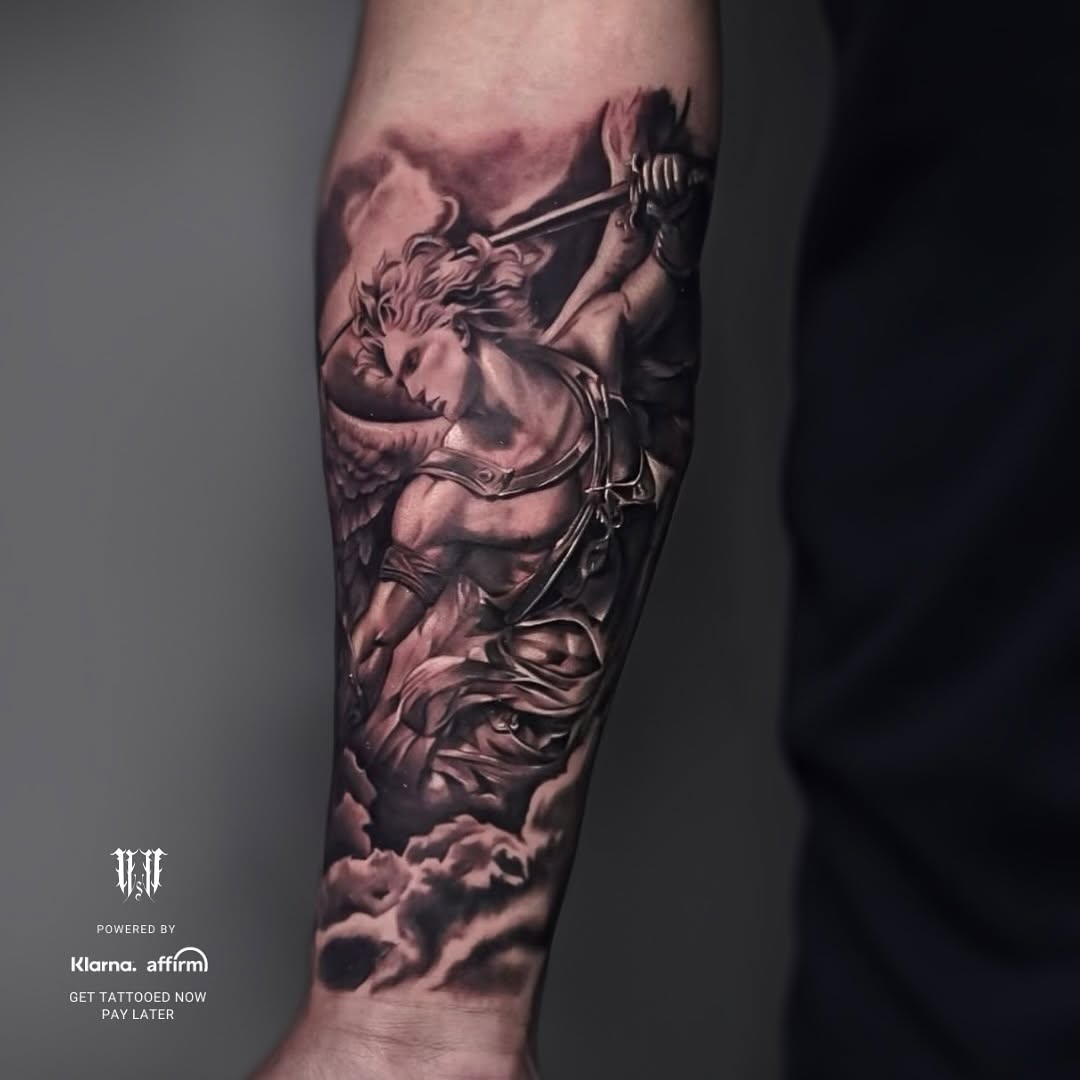 Angel with sword realism tattoo on the forearm by ✝️ Nicholas Fernandez ✝️