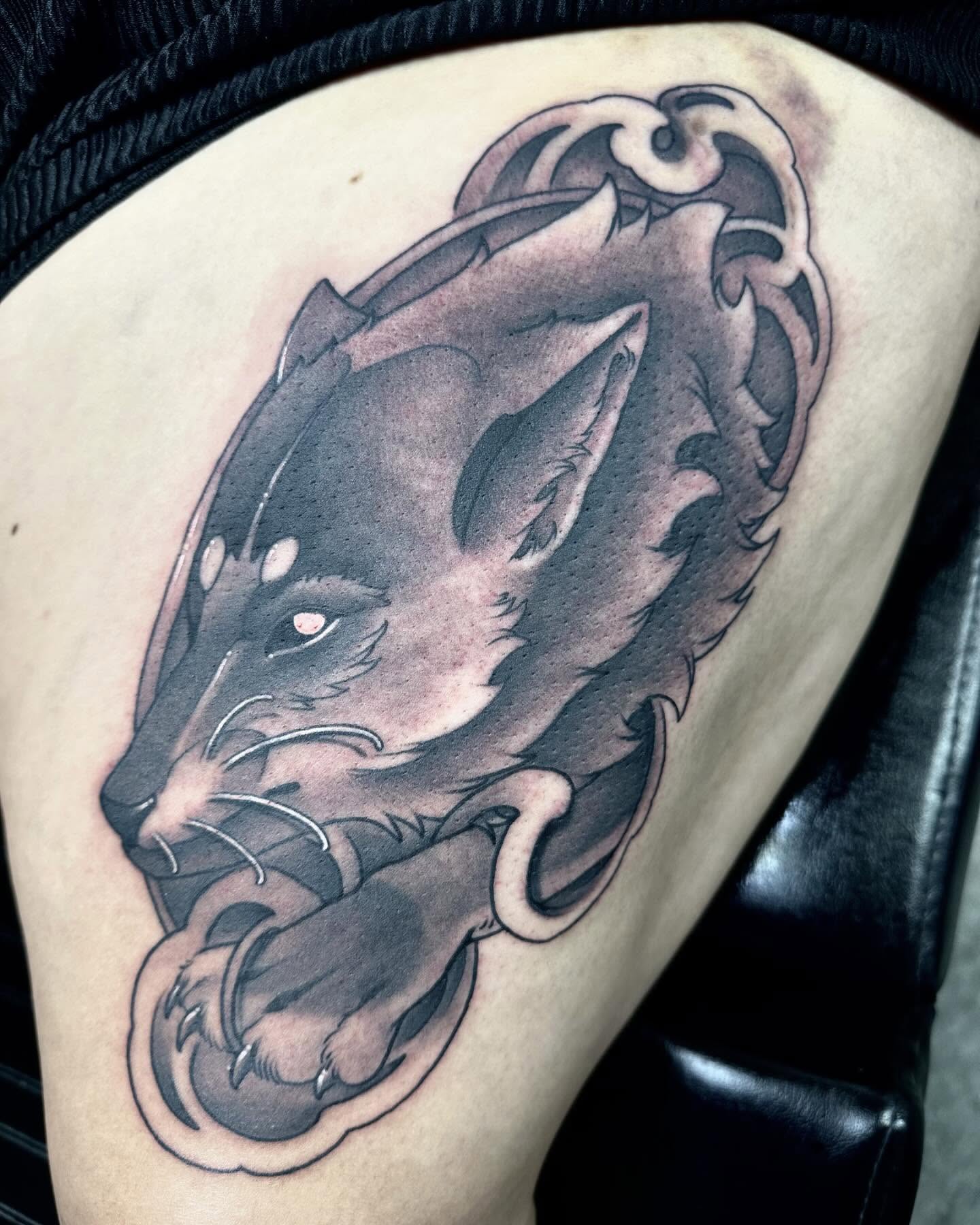 Panther black and grey tattoo on the thigh by ✥ Daemon Downing ✥ Kansas Tattoo Artist ✥, Wichita, Kansas