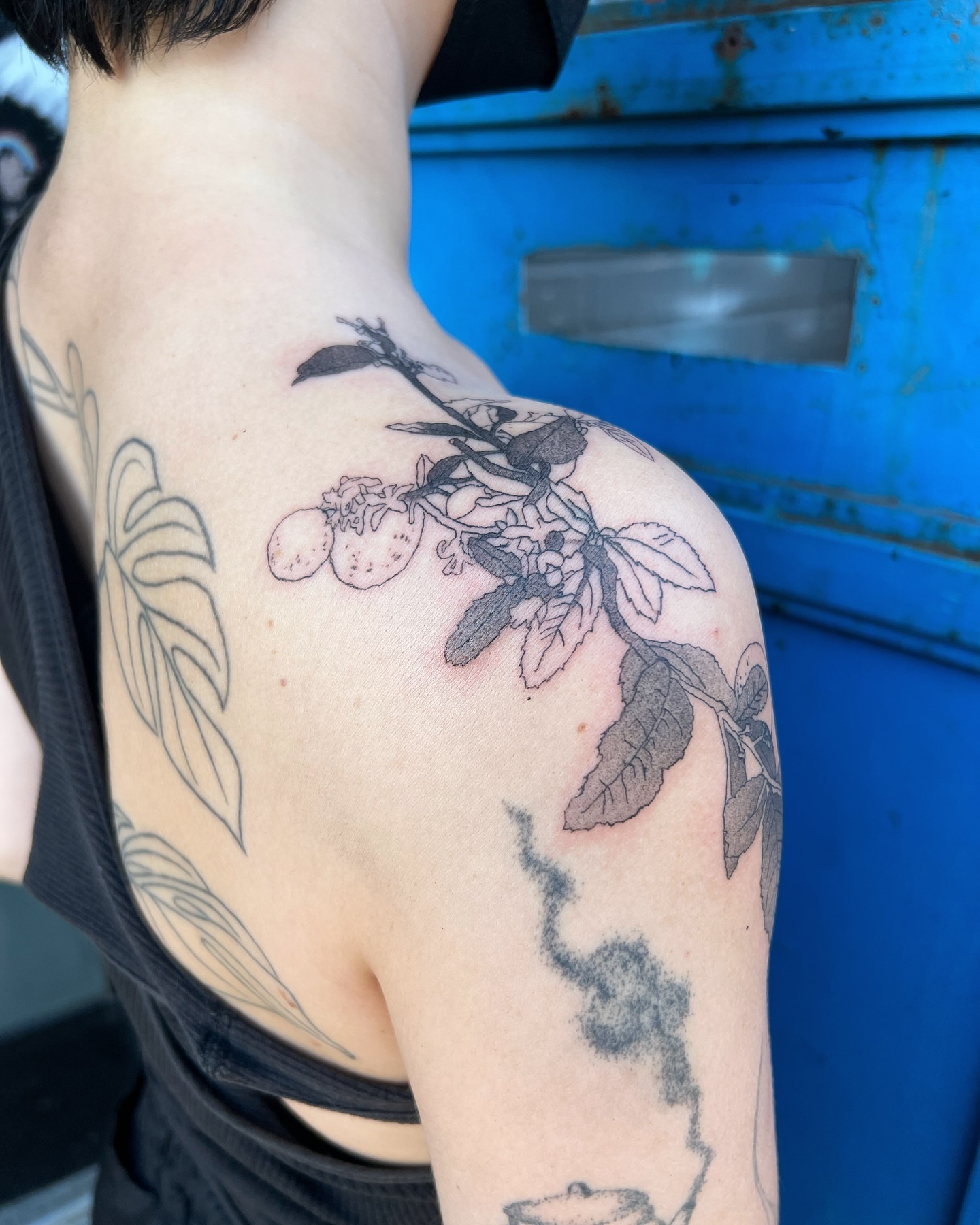 Branch with berries black and grey tattoo on the shoulder by 잡초