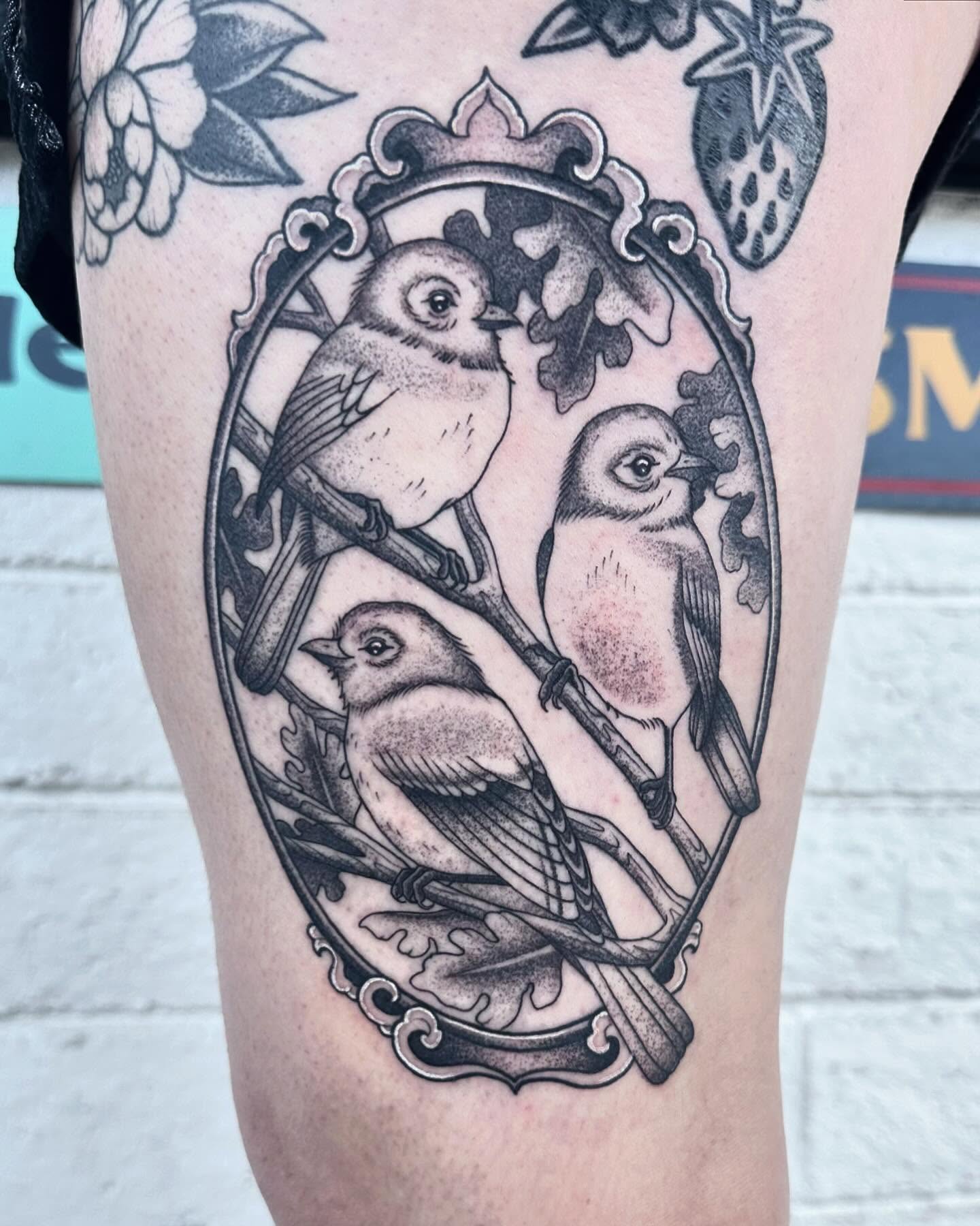 Birds black and grey tattoo on the thigh by Sierra Hiddleson- Phoenix Arizona Tattoo
