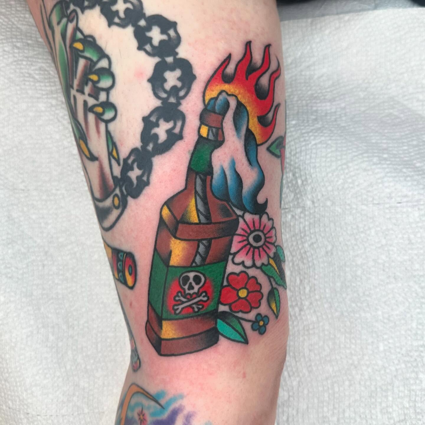 Lantern with flame American traditional tattoo on the forearm by Keon Ostby, Tempe, Arizona