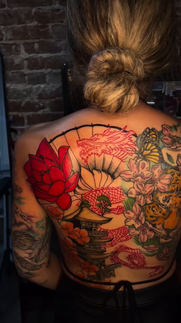 Floral and butterfly back piece japanese irezumi tattoo by Marques Neal