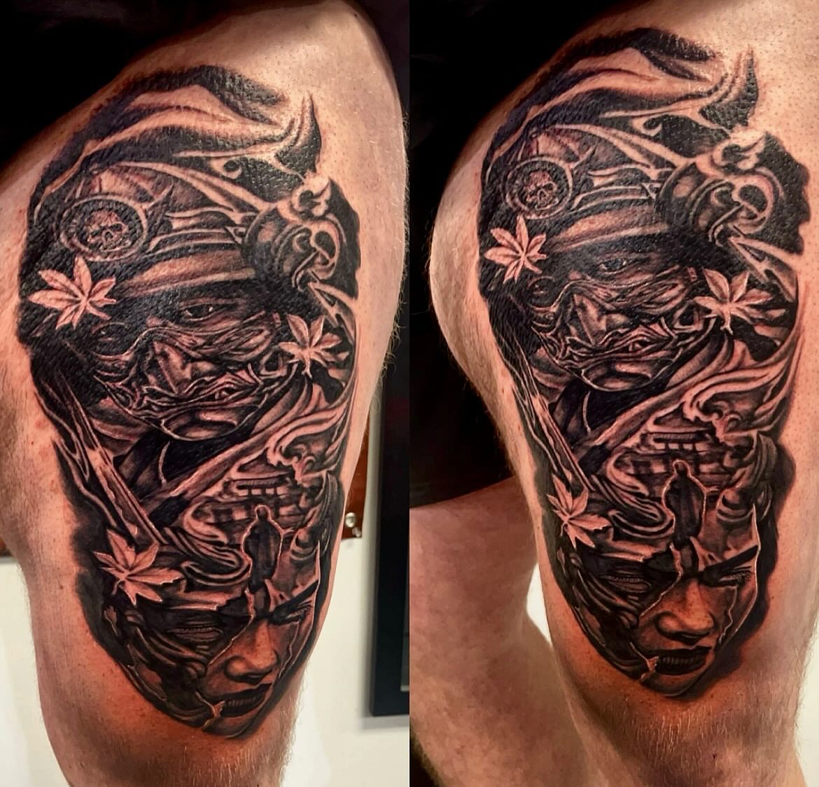 Mask and flowers realism tattoo on the shoulder by Tattoosbybeanz