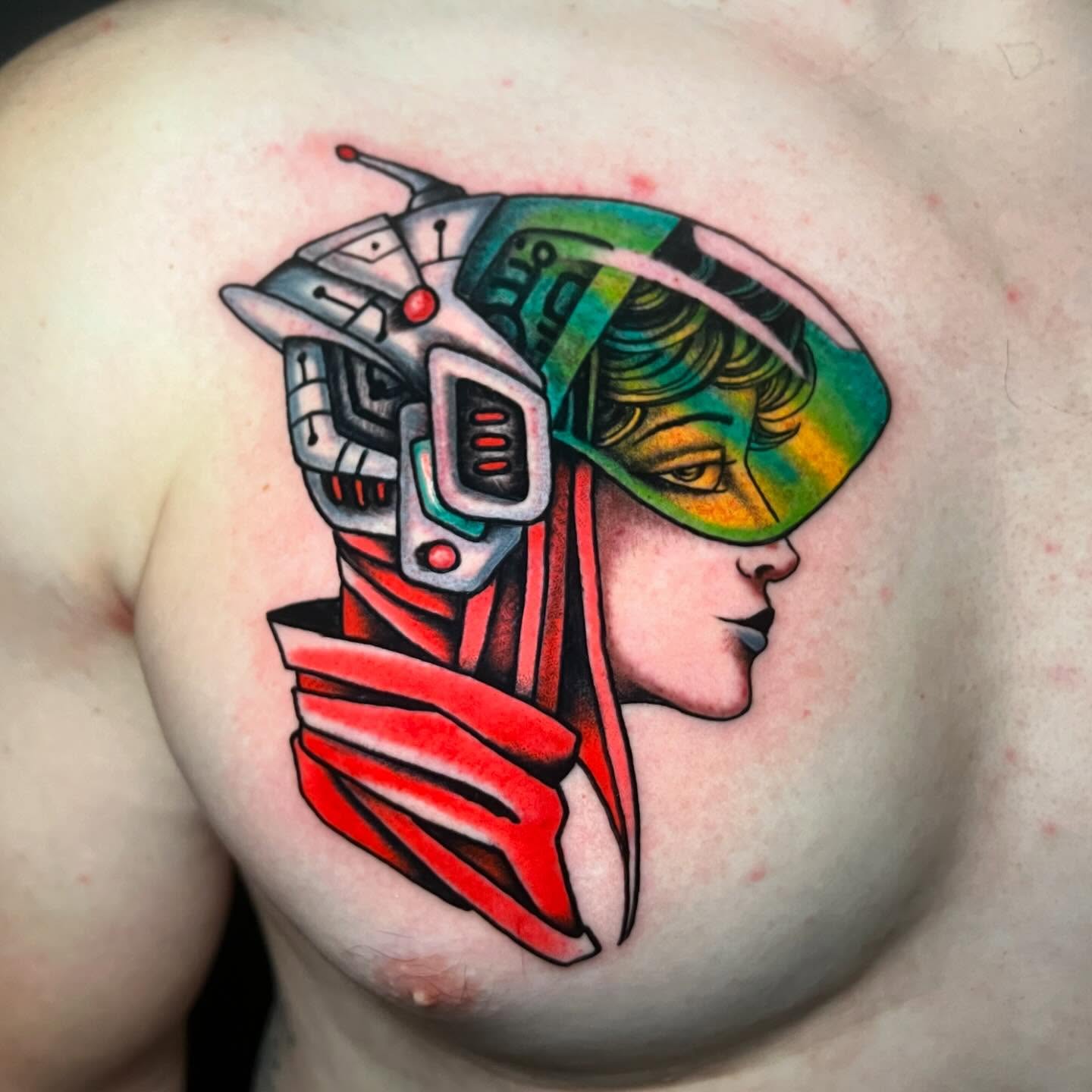 Cyborg woman new school tattoo on the chest by Matt E.