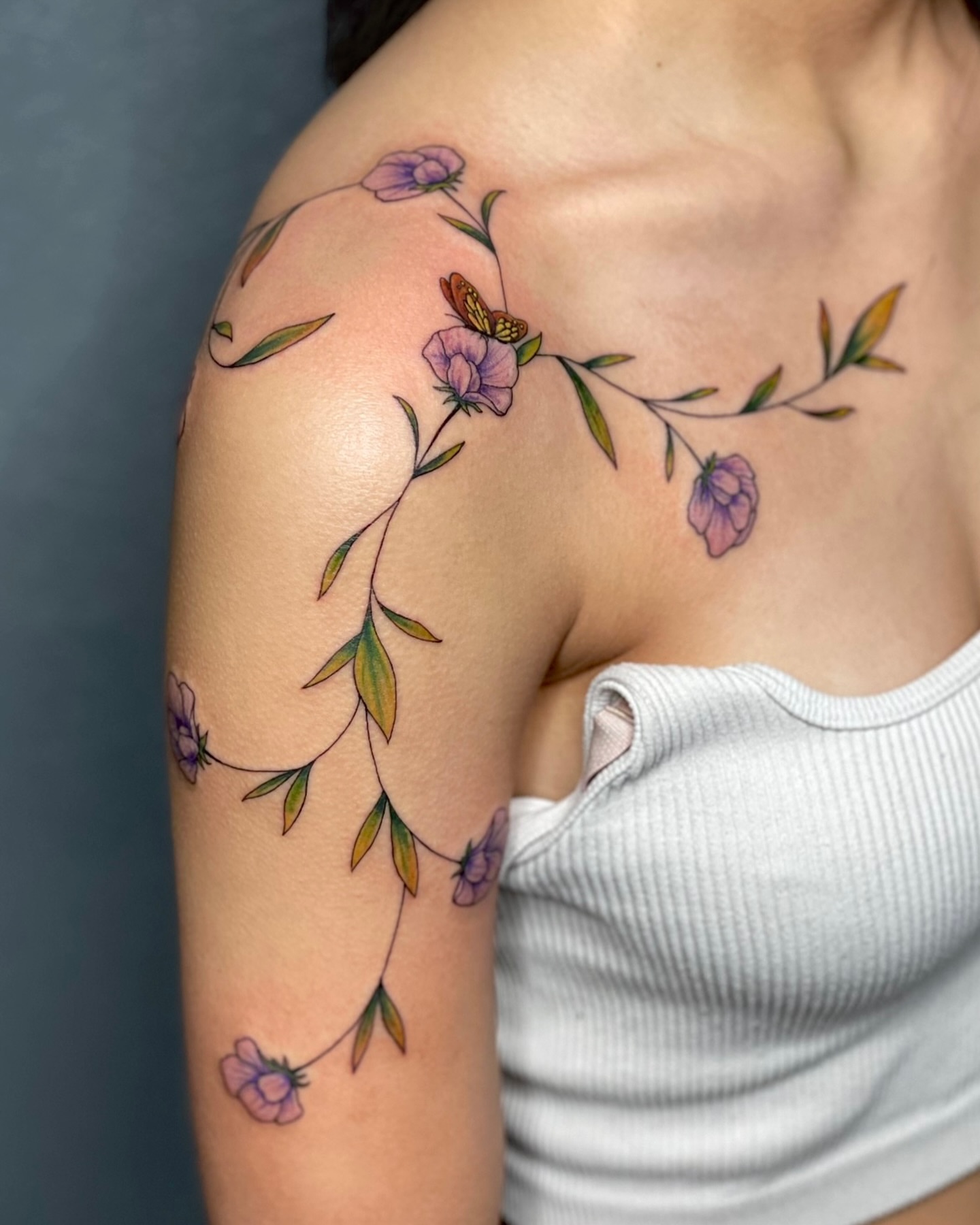 Flower vine new school tattoo on the shoulder by ♠️KEITHKUSTOM♠️ San Antonio Tattoo Artist