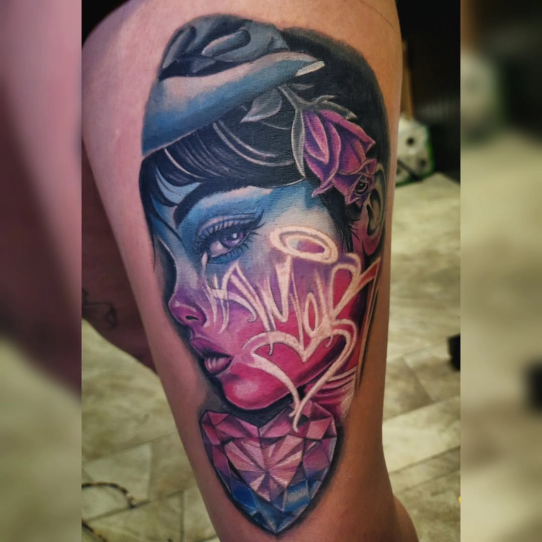 Tattoo by @kreativejuices13 — new_school, trash_polka