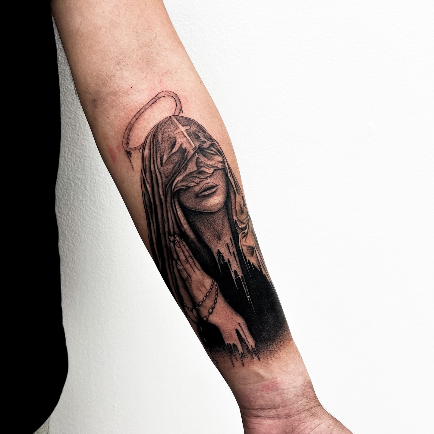 Praying woman realism tattoo on the forearm by Priscila, Los Angeles, California