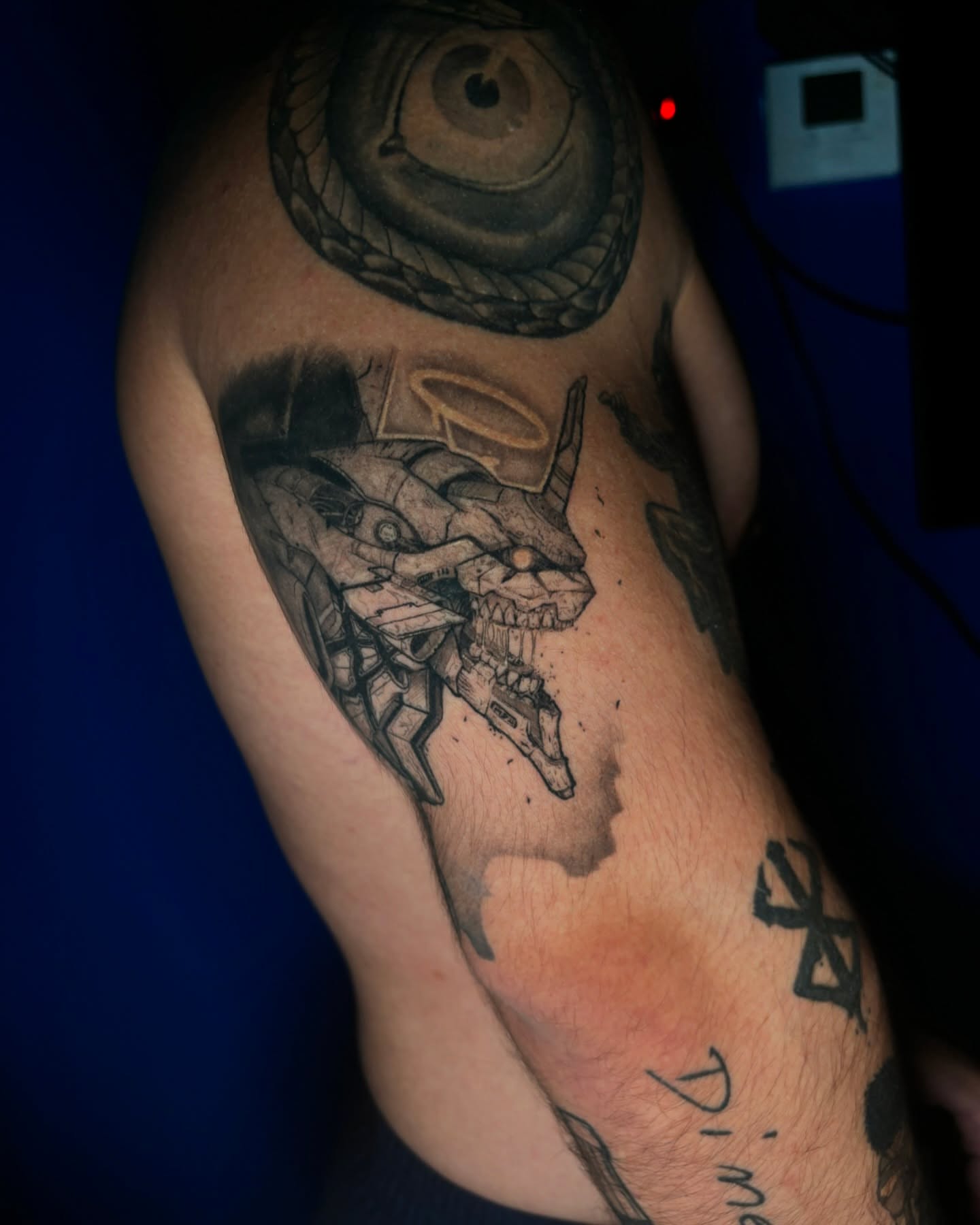 Mecha black and grey tattoo on the shoulder by ππ§π