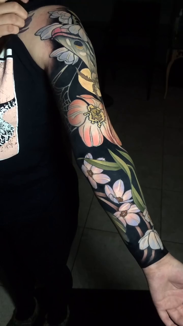 Spider and flowers sleeve japanese irezumi tattoo by Evin Pfaff, Bedford, Pennsylvania