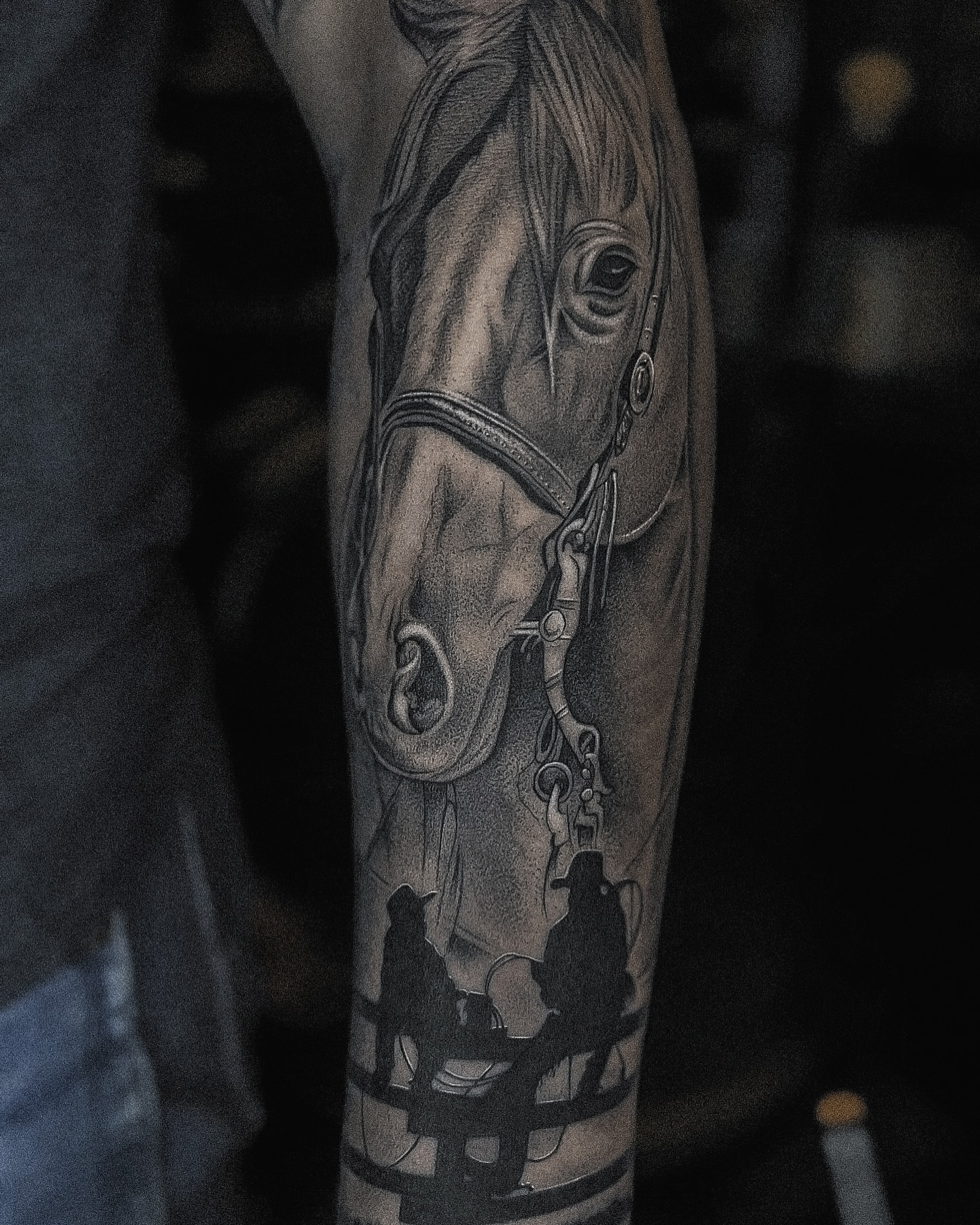 Horse and riders realism tattoo on the forearm by Mak$ Brand