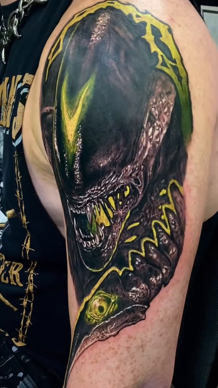 Alien xenomorph head realism tattoo by Caitlyn Campbell