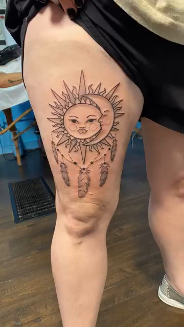 Sun and moon with dreamcatcher fine line tattoo by jim collins, Dayton, Ohio