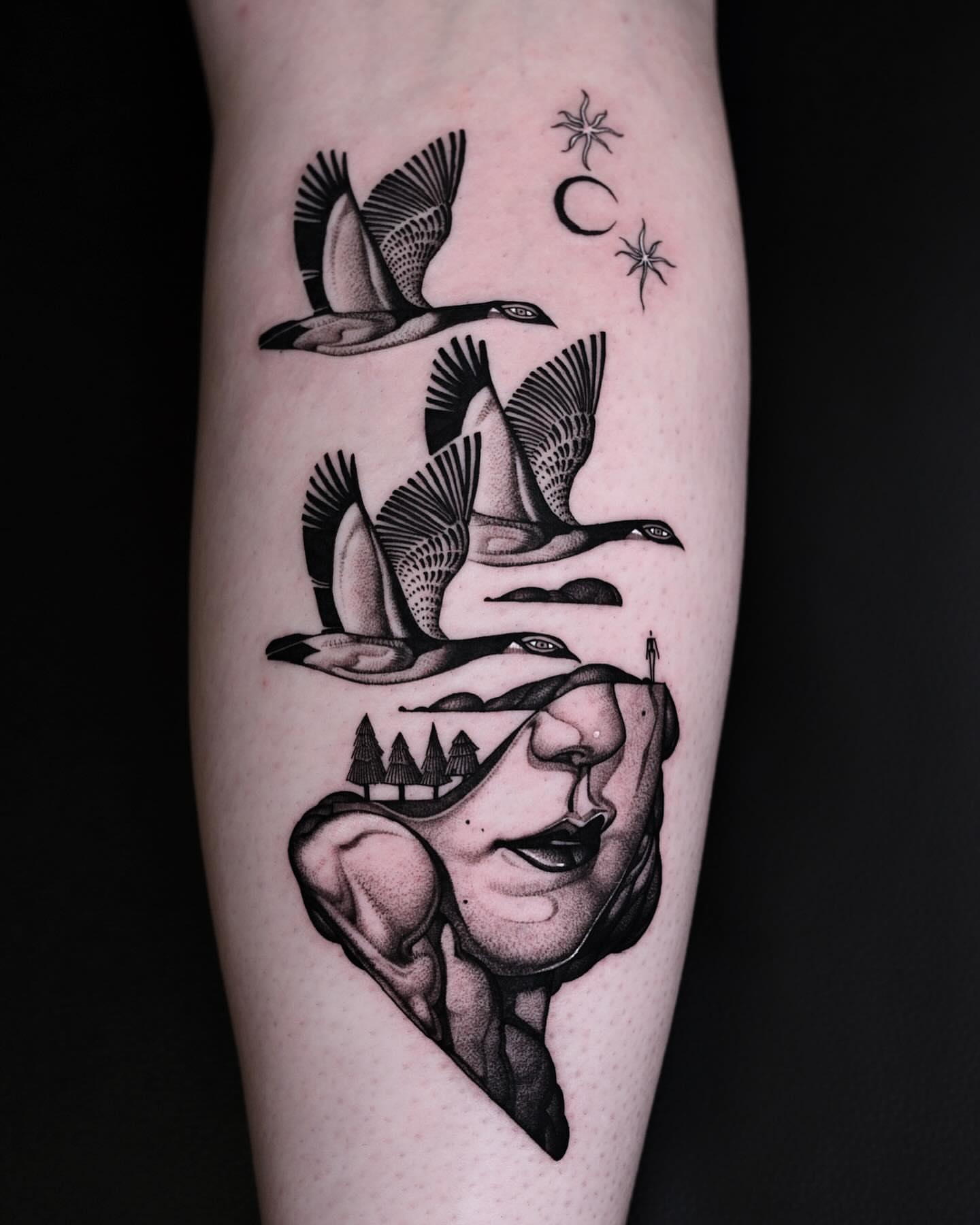 Geese and surreal landscape dotwork tattoo on the forearm by 9rukim