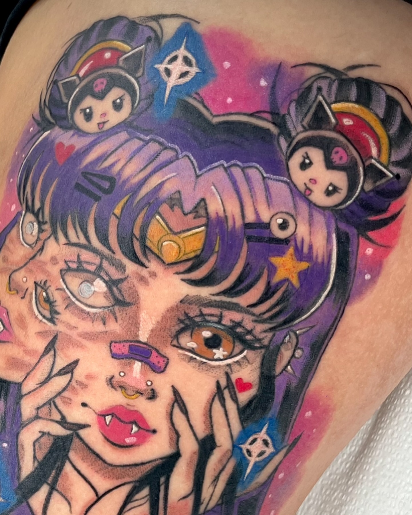 Anime-inspired character anime tattoo on the thigh by Kathryn the Tooth Collector