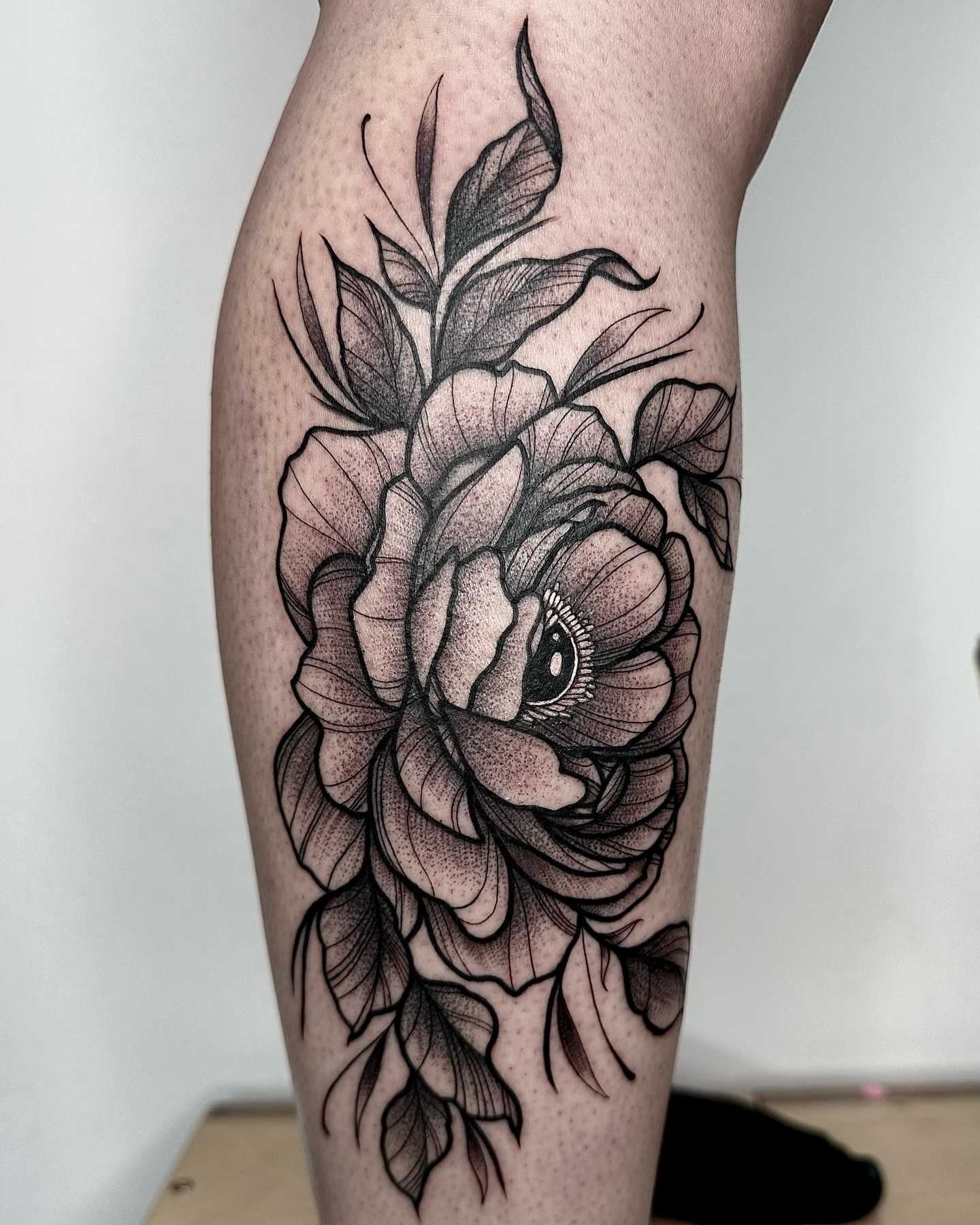 Peony dotwork tattoo on the calf by ✮ Monarch Tattoos ✮