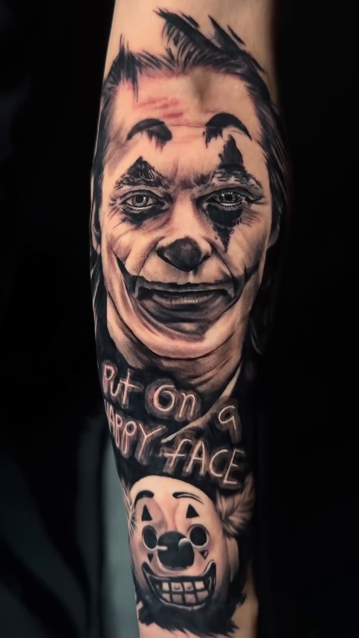 Joker and clown faces realism tattoo by Brayan Molina