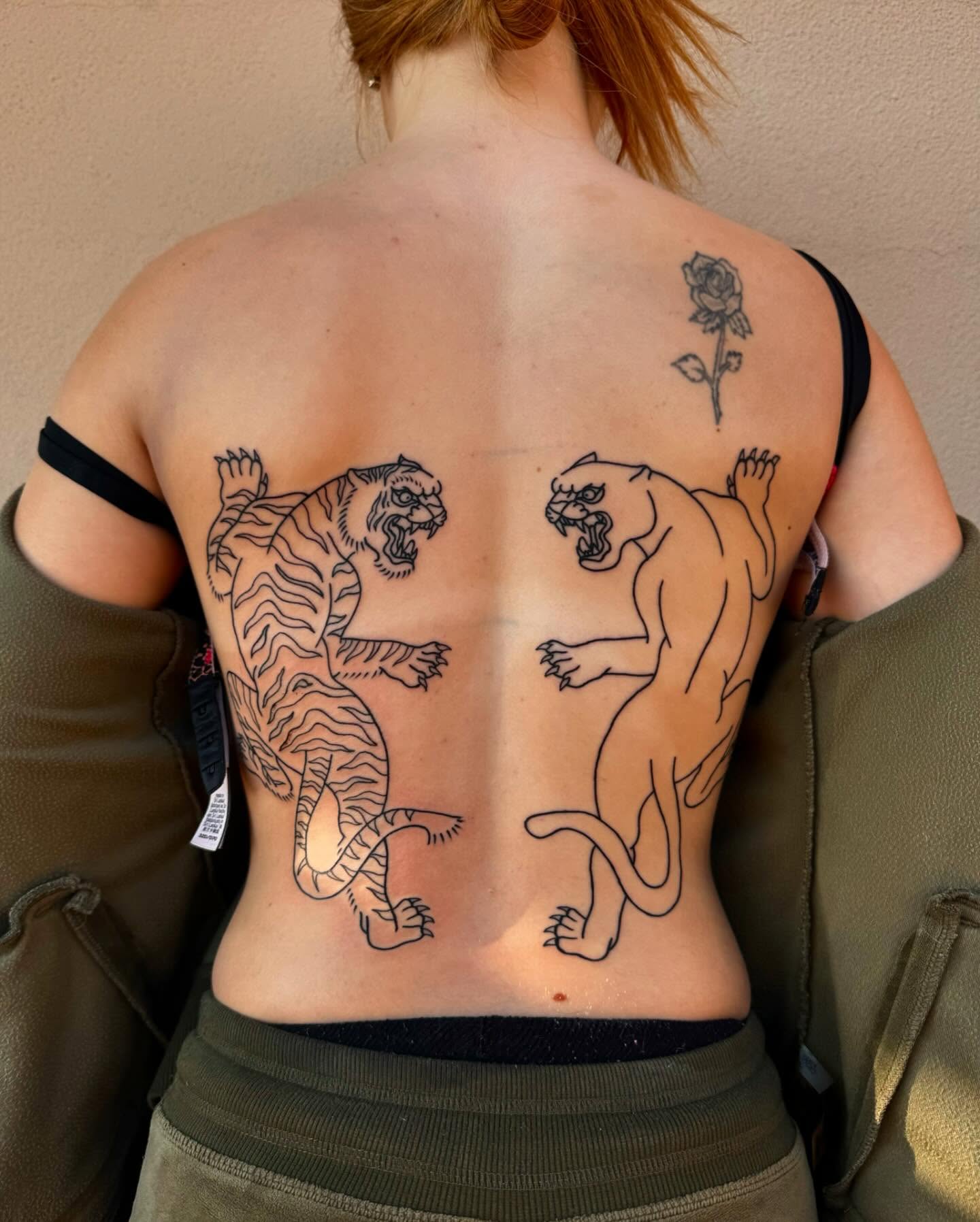 Tiger and panther black and grey tattoo on the back by Drew🕸️, Phoenix, Arizona