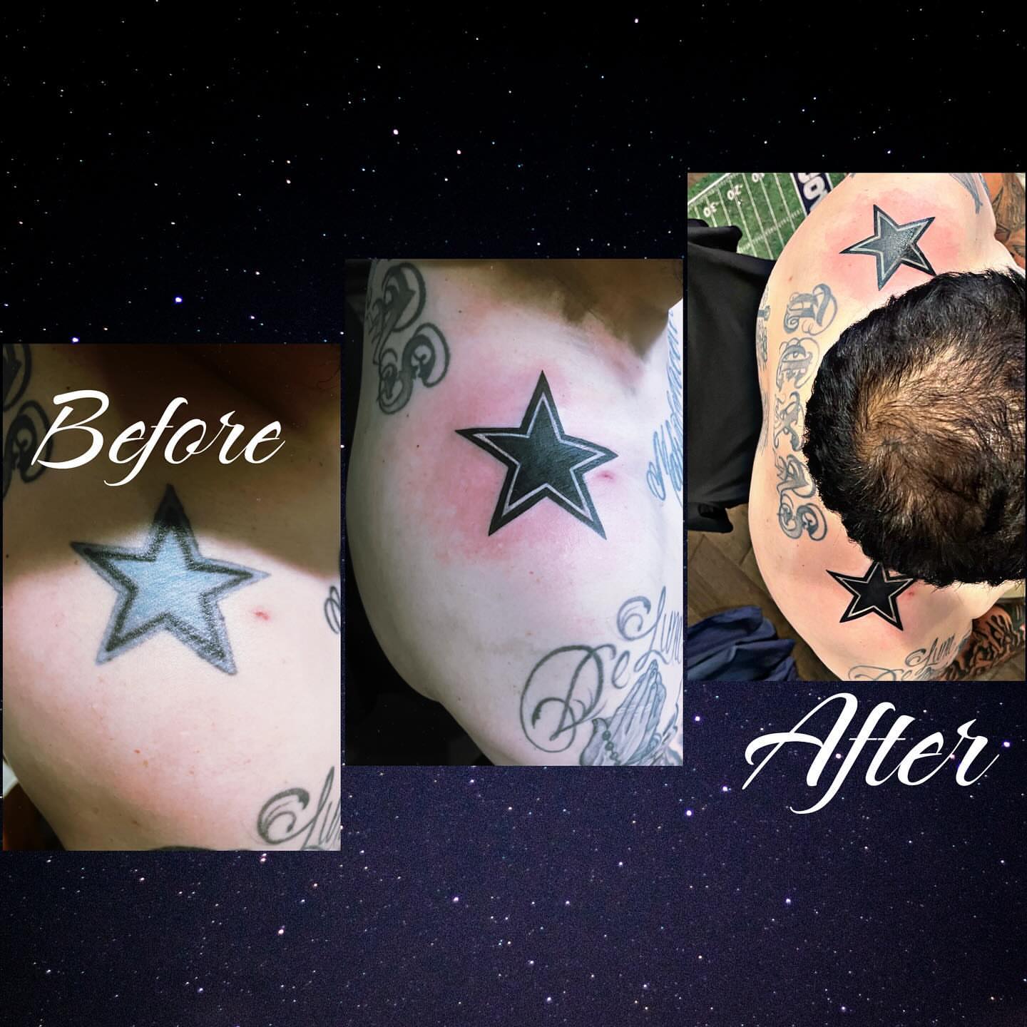 Star black and grey tattoo on the shoulder by Anna DeLuna